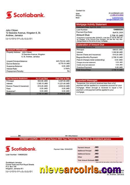 Jamaica Scotiabank mortgage statement Word and PDF template